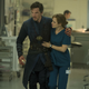 Strange and Christine Palmer (Rachel McAdams) share a moment in the hospital. She was not on set the day we were there.
